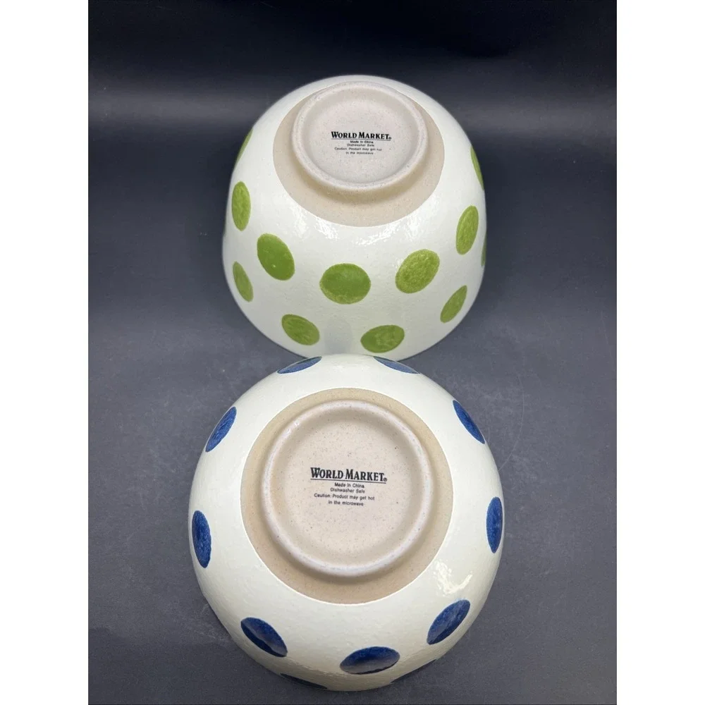 2pc Set World Market Ceramic Noodle Bowl Polka Dot Blue & Green